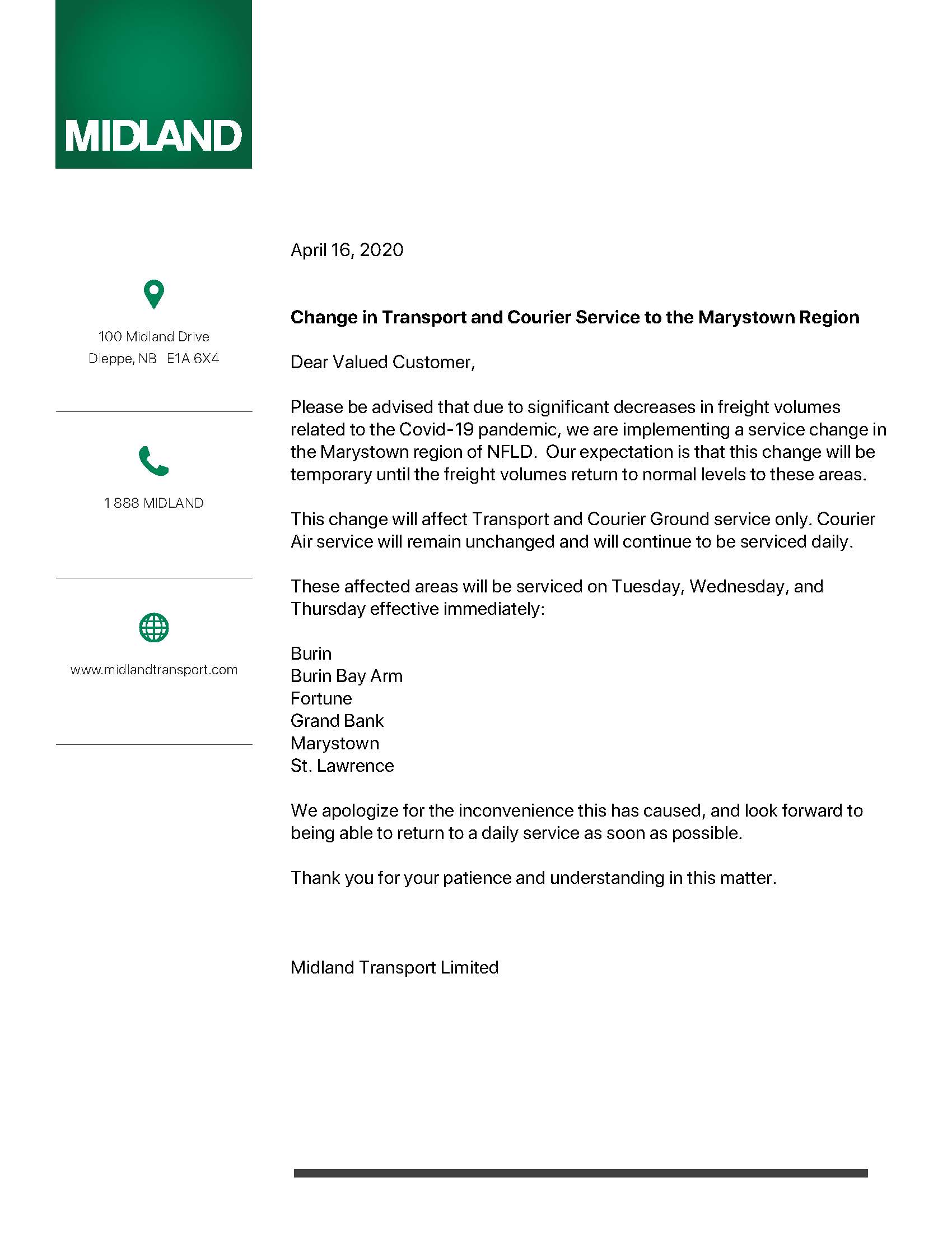 Change in Transport and Courier Service to the Marystown Region - April 15, 2020